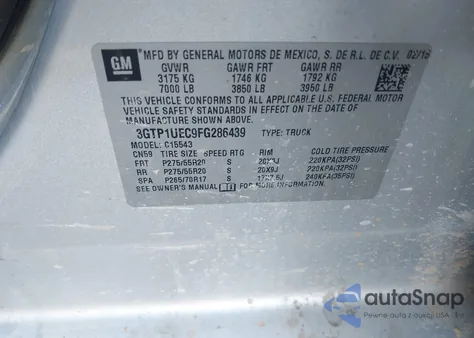 2015 GMC Sierra 1500 Sle from USA, damaged, VIN 3GTP1UEC9FG286439